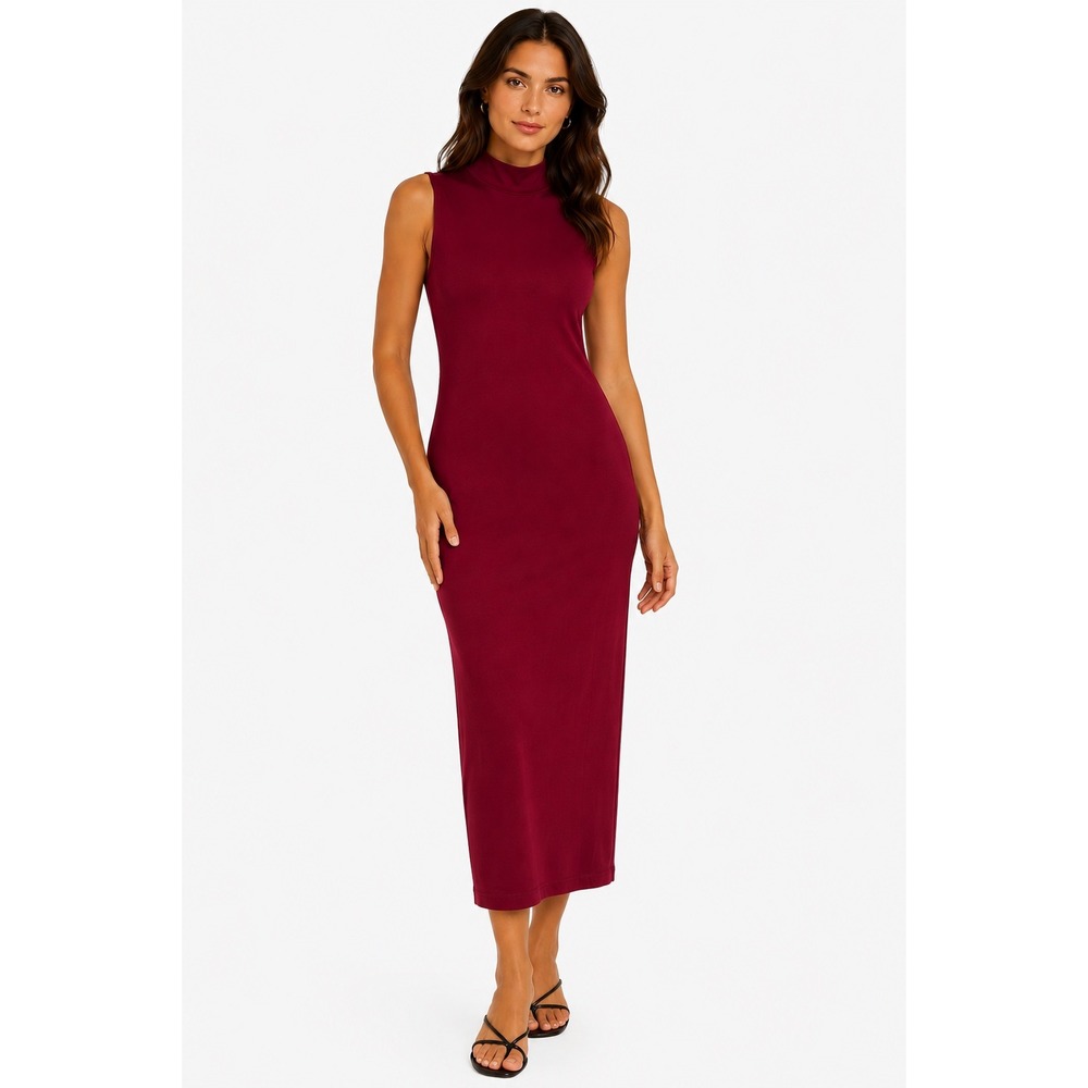 Body Central Midi Dress Womens Medium Burgundy Mock Neck Sleeveless Bodycon Chic